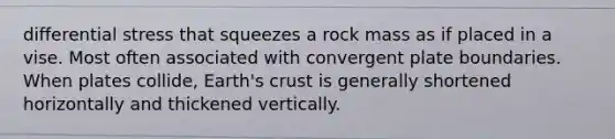 differential stress that squeezes a rock mass as if placed in a vise. Most often associated with convergent plate boundaries. When plates collide, Earth's crust is generally shortened horizontally and thickened vertically.