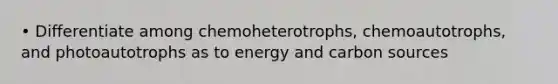 • Differentiate among chemoheterotrophs, chemoautotrophs, and photoautotrophs as to energy and carbon sources