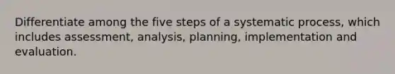 Differentiate among the five steps of a systematic process, which includes assessment, analysis, planning, implementation and evaluation.