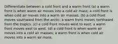 Differentiate between a cold front and a warm front (a) a warm front is when warm air moves into a cold air mass; a cold front is when cold air moves into a warm air masses. (b) a cold front moves southward from the arctic; a warm front moves northward from the tropics. (c) a cold front moves west to east; a warm front moves east to west. (d) a cold front is when warm air moves into a cold air masses; a warm front is when cold air moves into a warm air mass.