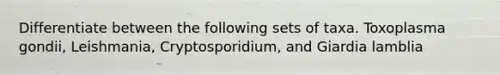 Differentiate between the following sets of taxa. Toxoplasma gondii, Leishmania, Cryptosporidium, and Giardia lamblia