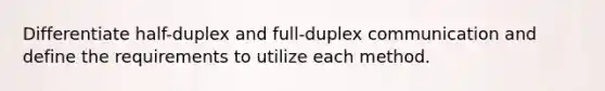 Differentiate half-duplex and full-duplex communication and define the requirements to utilize each method.