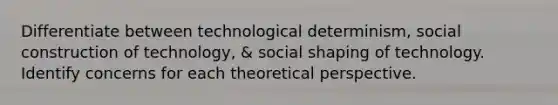 Differentiate between technological determinism, social construction of technology, & social shaping of technology. Identify concerns for each theoretical perspective.