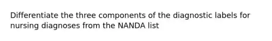 Differentiate the three components of the diagnostic labels for nursing diagnoses from the NANDA list