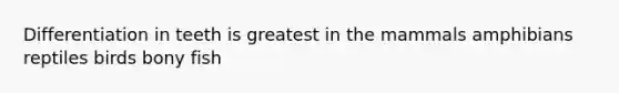 Differentiation in teeth is greatest in the mammals amphibians reptiles birds bony fish