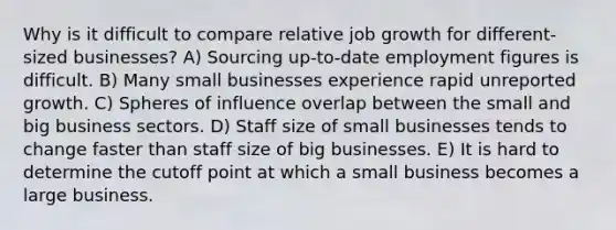 Why is it difficult to compare relative job growth for different-sized businesses? A) Sourcing up-to-date employment figures is difficult. B) Many small businesses experience rapid unreported growth. C) Spheres of influence overlap between the small and big business sectors. D) Staff size of small businesses tends to change faster than staff size of big businesses. E) It is hard to determine the cutoff point at which a small business becomes a large business.