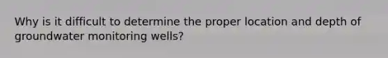 Why is it difficult to determine the proper location and depth of groundwater monitoring wells?