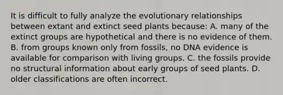 It is difficult to fully analyze the evolutionary relationships between extant and extinct seed plants because: A. many of the extinct groups are hypothetical and there is no evidence of them. B. from groups known only from fossils, no DNA evidence is available for comparison with living groups. C. the fossils provide no structural information about early groups of seed plants. D. older classifications are often incorrect.