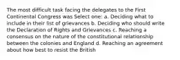 The most difficult task facing the delegates to the First Continental Congress was Select one: a. Deciding what to include in their list of grievances b. Deciding who should write the Declaration of Rights and Grievances c. Reaching a consensus on the nature of the constitutional relationship between the colonies and England d. Reaching an agreement about how best to resist the British