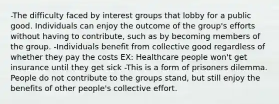 -The difficulty faced by interest groups that lobby for a public good. Individuals can enjoy the outcome of the group's efforts without having to contribute, such as by becoming members of the group. -Individuals benefit from collective good regardless of whether they pay the costs EX: Healthcare people won't get insurance until they get sick -This is a form of prisoners dilemma. People do not contribute to the groups stand, but still enjoy the benefits of other people's collective effort.