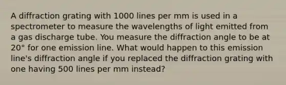 A diffraction grating with 1000 lines per mm is used in a spectrometer to measure the wavelengths of light emitted from a gas discharge tube. You measure the diffraction angle to be at 20° for one emission line. What would happen to this emission line's diffraction angle if you replaced the diffraction grating with one having 500 lines per mm instead?