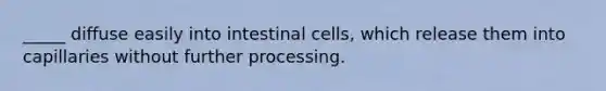 _____ diffuse easily into intestinal cells, which release them into capillaries without further processing.