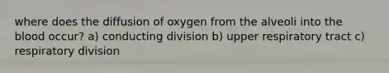 where does the diffusion of oxygen from the alveoli into the blood occur? a) conducting division b) upper respiratory tract c) respiratory division