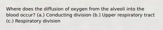 Where does the diffusion of oxygen from the alveoli into the blood occur? (a.) Conducting division (b.) Upper respiratory tract (c.) Respiratory division