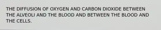 THE DIFFUSION OF OXYGEN AND CARBON DIOXIDE BETWEEN THE ALVEOLI AND THE BLOOD AND BETWEEN THE BLOOD AND THE CELLS.