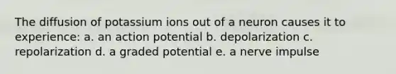 The diffusion of potassium ions out of a neuron causes it to experience: a. an action potential b. depolarization c. repolarization d. a graded potential e. a nerve impulse