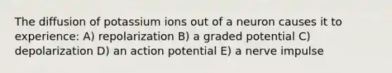 The diffusion of potassium ions out of a neuron causes it to experience: A) repolarization B) a graded potential C) depolarization D) an action potential E) a nerve impulse