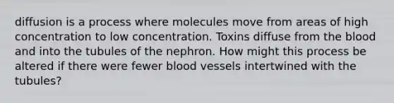 diffusion is a process where molecules move from areas of high concentration to low concentration. Toxins diffuse from the blood and into the tubules of the nephron. How might this process be altered if there were fewer blood vessels intertwined with the tubules?