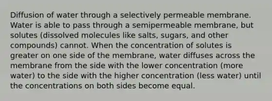 Diffusion of water through a selectively permeable membrane. Water is able to pass through a semipermeable membrane, but solutes (dissolved molecules like salts, sugars, and other compounds) cannot. When the concentration of solutes is greater on one side of the membrane, water diffuses across the membrane from the side with the lower concentration (more water) to the side with the higher concentration (less water) until the concentrations on both sides become equal.