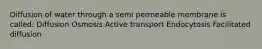 Diffusion of water through a semi permeable membrane is called: Diffusion Osmosis Active transport Endocytosis Facilitated diffusion