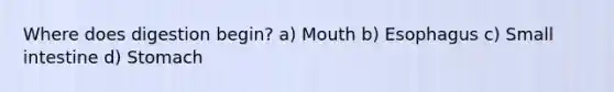 Where does digestion begin? a) Mouth b) Esophagus c) Small intestine d) Stomach