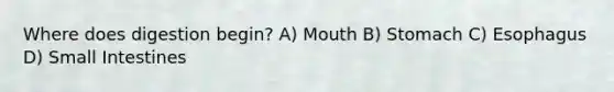 Where does digestion begin? A) Mouth B) Stomach C) Esophagus D) Small Intestines