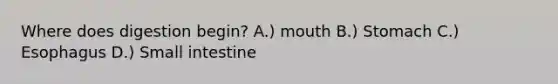 Where does digestion begin? A.) mouth B.) Stomach C.) Esophagus D.) Small intestine