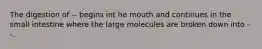 The digestion of -- begins int he mouth and continues in the small intestine where the large molecules are broken down into --.