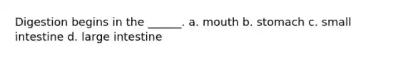 Digestion begins in the ______. a. mouth b. stomach c. small intestine d. large intestine