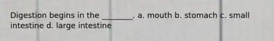 Digestion begins in the ________. a. mouth b. stomach c. small intestine d. large intestine