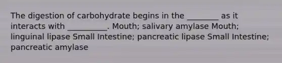 The digestion of carbohydrate begins in the ________ as it interacts with __________. Mouth; salivary amylase Mouth; linguinal lipase Small Intestine; pancreatic lipase Small Intestine; pancreatic amylase