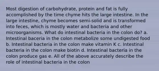 Most digestion of carbohydrate, protein and fat is fully accomplished by the time chyme hits the large intestine. In the large intestine, chyme becomes semi-solid and is transformed into feces, which is mostly water and bacteria and other microorganisms. What do intestinal bacteria in the colon do? a. Intestinal baceria in the colon metabolize some undigested food b. Intestinal bacteria in the colon make vitamin K c. Intestinal bacteria in the colon make biotin d. Intestinal bacteria in the colon produce gas e. All of the above accurately describe the role of intestinal bacteria in the colon