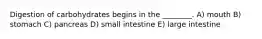 Digestion of carbohydrates begins in the ________. A) mouth B) stomach C) pancreas D) small intestine E) large intestine