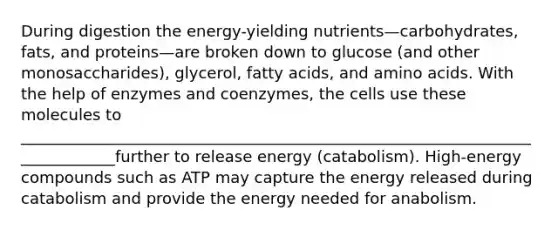 During digestion the energy-yielding nutrients—carbohydrates, fats, and proteins—are broken down to glucose (and other monosaccharides), glycerol, fatty acids, and amino acids. With the help of enzymes and coenzymes, the cells use these molecules to _____________________________________________________________________________further to release energy (catabolism). High-energy compounds such as ATP may capture the energy released during catabolism and provide the energy needed for anabolism.