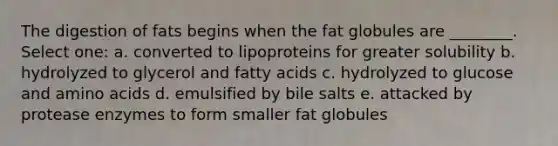 The digestion of fats begins when the fat globules are ________. Select one: a. converted to lipoproteins for greater solubility b. hydrolyzed to glycerol and fatty acids c. hydrolyzed to glucose and <a href='https://www.questionai.com/knowledge/k9gb720LCl-amino-acids' class='anchor-knowledge'>amino acids</a> d. emulsified by bile salts e. attacked by protease enzymes to form smaller fat globules