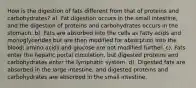 How is the digestion of fats different from that of proteins and carbohydrates? a). Fat digestion occurs in the small intestine, and the digestion of proteins and carbohydrates occurs in the stomach. b). Fats are absorbed into the cells as fatty acids and monoglycerides but are then modified for absorption into the blood; amino acids and glucose are not modified further. c). Fats enter the hepatic portal circulation, but digested proteins and carbohydrates enter the lymphatic system. d). Digested fats are absorbed in the large intestine, and digested proteins and carbohydrates are absorbed in the small intestine.