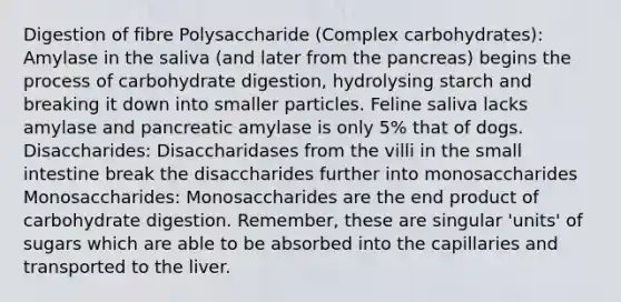 Digestion of fibre Polysaccharide (Complex carbohydrates): Amylase in the saliva (and later from the pancreas) begins the process of carbohydrate digestion, hydrolysing starch and breaking it down into smaller particles. Feline saliva lacks amylase and pancreatic amylase is only 5% that of dogs. Disaccharides: Disaccharidases from the villi in the small intestine break the disaccharides further into monosaccharides Monosaccharides: Monosaccharides are the end product of carbohydrate digestion. Remember, these are singular 'units' of sugars which are able to be absorbed into the capillaries and transported to the liver.