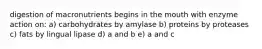 digestion of macronutrients begins in the mouth with enzyme action on: a) carbohydrates by amylase b) proteins by proteases c) fats by lingual lipase d) a and b e) a and c