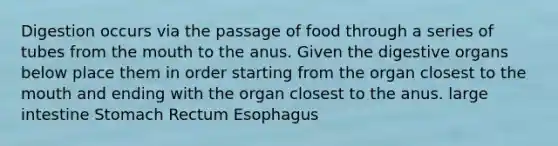 Digestion occurs via the passage of food through a series of tubes from the mouth to the anus. Given the digestive organs below place them in order starting from the organ closest to the mouth and ending with the organ closest to the anus. large intestine Stomach Rectum Esophagus