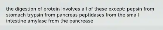 the digestion of protein involves all of these except: pepsin from stomach trypsin from pancreas peptidases from <a href='https://www.questionai.com/knowledge/kt623fh5xn-the-small-intestine' class='anchor-knowledge'>the small intestine</a> amylase from <a href='https://www.questionai.com/knowledge/kITHRba4Cd-the-pancreas' class='anchor-knowledge'>the pancreas</a>e