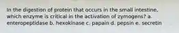 In the digestion of protein that occurs in the small intestine, which enzyme is critical in the activation of zymogens? a. enteropeptidase b. hexokinase c. papain d. pepsin e. secretin