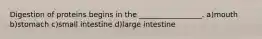 Digestion of proteins begins in the _________________. a)mouth b)stomach c)small intestine d)large intestine