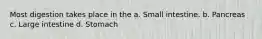 Most digestion takes place in the a. Small intestine. b. Pancreas c. Large intestine d. Stomach