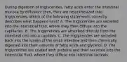 During digestion of triglycerides, fatty acids enter the intestinal mucosa by diffusion; then, they are resynthesized into triglycerides. Which of the following statements correctly describes what happens next? A. The triglycerides are secreted into the interstitial fluid, where they then diffuse into the capillaries. B. The triglycerides are absorbed directly from the intestinal cell into a capillary. C. The triglycerides are secreted back into the lumen of the small intestine and then chemically digested into their subunits of fatty acids and glycerol. D. The triglycerides are coated with proteins and then secreted into the interstitial fluid, where they diffuse into intestinal lacteals.