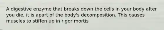 A digestive enzyme that breaks down the cells in your body after you die, it is apart of the body's decomposition. This causes muscles to stiffen up in rigor mortis