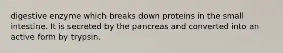 digestive enzyme which breaks down proteins in the small intestine. It is secreted by the pancreas and converted into an active form by trypsin.