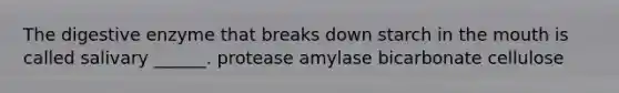 The digestive enzyme that breaks down starch in the mouth is called salivary ______. protease amylase bicarbonate cellulose