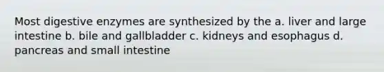 Most digestive enzymes are synthesized by the a. liver and large intestine b. bile and gallbladder c. kidneys and esophagus d. pancreas and small intestine