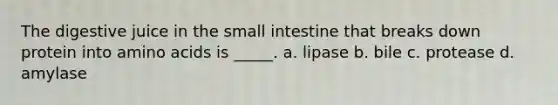 The digestive juice in the small intestine that breaks down protein into amino acids is _____. a. ​lipase b. ​bile c. ​protease d. ​amylase