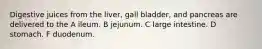 Digestive juices from the liver, gall bladder, and pancreas are delivered to the A ileum. B jejunum. C large intestine. D stomach. F duodenum.